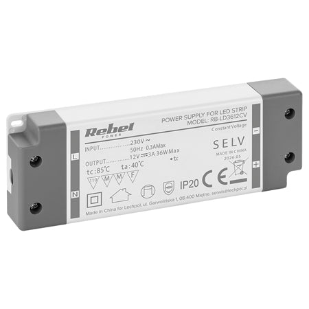 Alimentator bandă LED IP20 12 V 3 A 36 W Rebel RB-LD3612CV