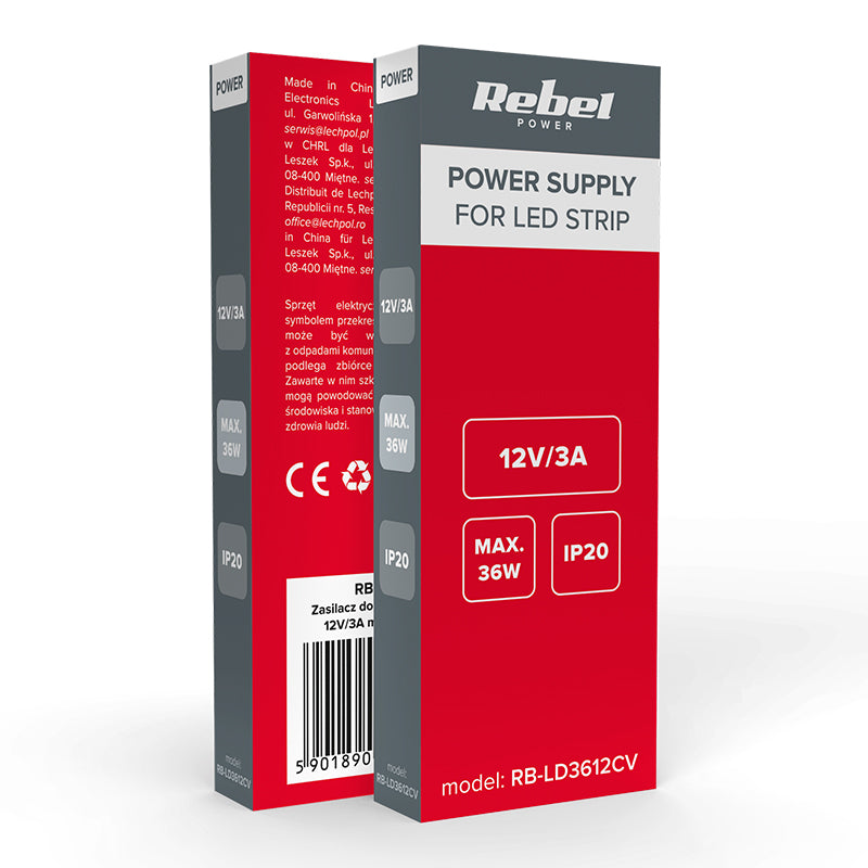Alimentator bandă LED IP20 12 V 3 A 36 W Rebel RB-LD3612CV