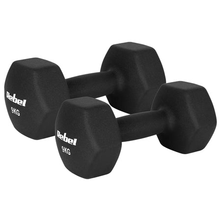 Set 2 gantere hexagonale din fontă cu înveliș din neopren de 9 kg Rebel RBA-2330-9
