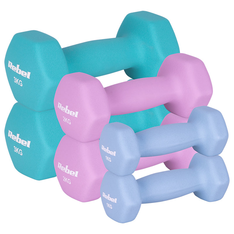 Set gantere hexagonale cu înveliș din neopren 6 bucăți 12 kg Rebel RBA-2330-S3