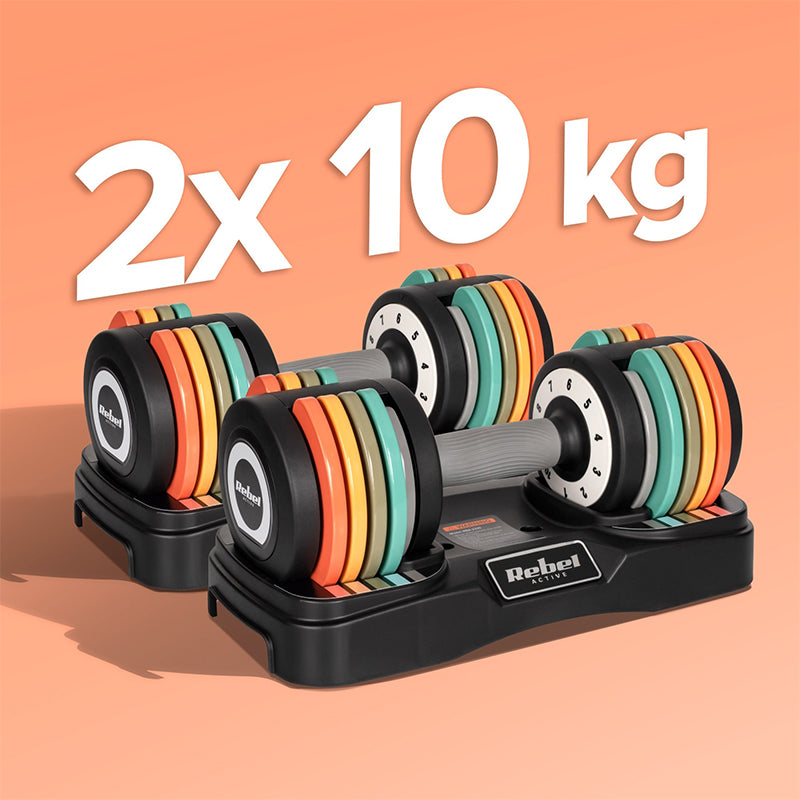 Set 2 gantere reglabile din fontă de 1-10 kg cu ajustare prin rotirea mânerului Rebel RBA-2335