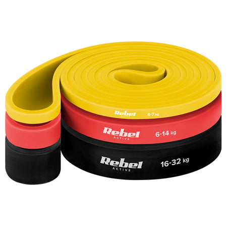 Set 3 benzi elastice din latex Power Band 4-32 kg cu lungime de 208 cm Rebel RBA-3000-S3