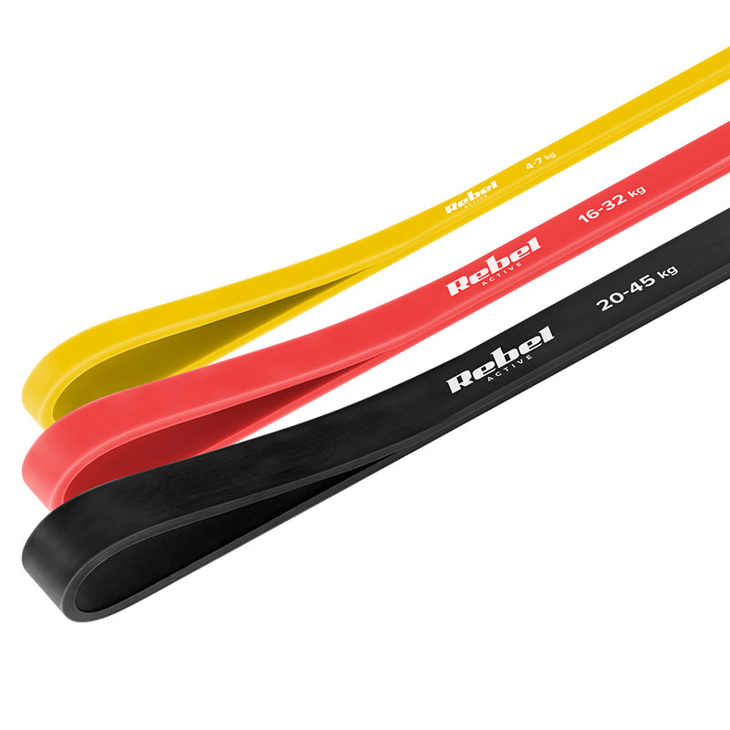 Set 3 benzi elastice din latex Power Band 4-32 kg cu lungime de 208 cm Rebel RBA-3000-S3