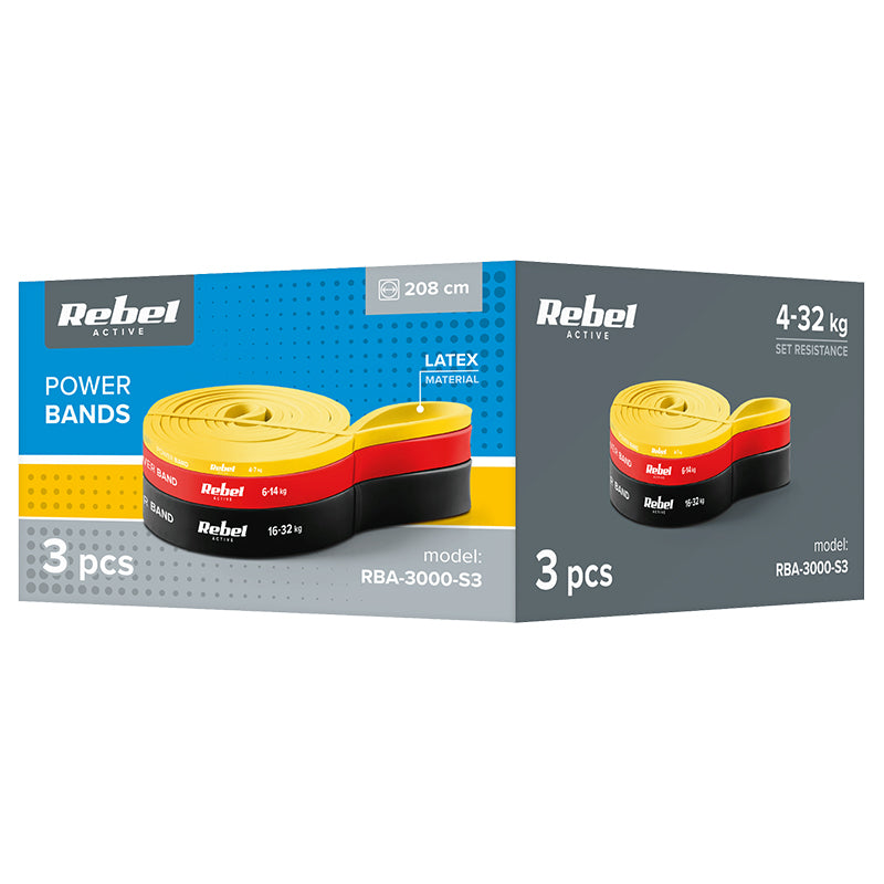 Set 3 benzi elastice din latex Power Band 4-32 kg cu lungime de 208 cm Rebel RBA-3000-S3