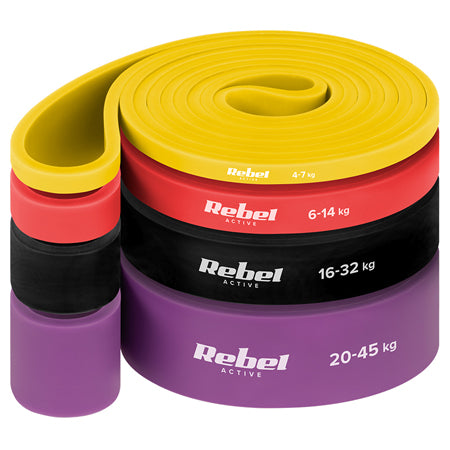 Set 4 benzi elastice latex power band de 208 cm cu rezistență 4-45 kg Rebel RBA-3000-S4