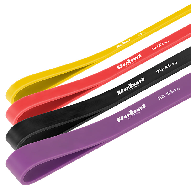 Set 4 benzi elastice latex power band de 208 cm cu rezistență 4-45 kg Rebel RBA-3000-S4