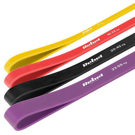 Set 4 benzi elastice latex power band de 208 cm cu rezistență 4-45 kg Rebel RBA-3000-S4