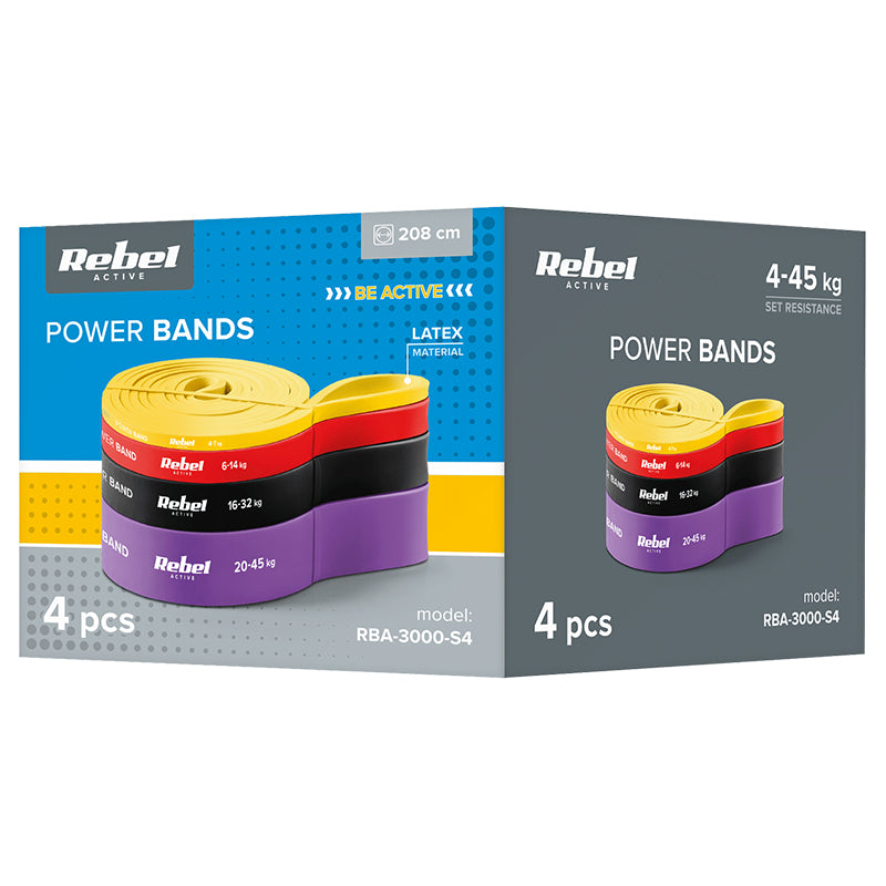 Set 4 benzi elastice latex power band de 208 cm cu rezistență 4-45 kg Rebel RBA-3000-S4