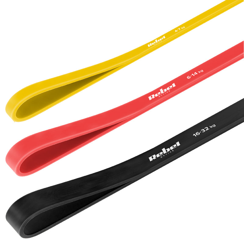 Set 3 benzi elastice Power Band din TPE cu rezistență 4-32 kg și lungime 208 cm Rebel RBA-3001-S3