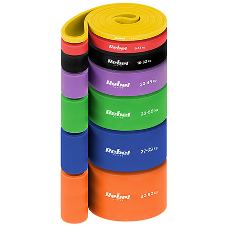 Set 7 benzi elastice Power Band din TPE cu rezistență 4-82 kg și lungime 208 cm Rebel RBA-3001-S7