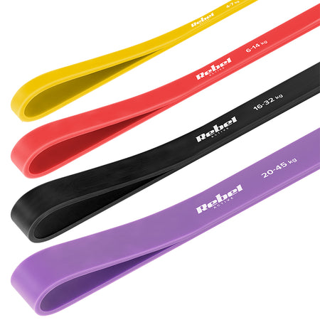Set 7 benzi elastice Power Band din TPE cu rezistență 4-82 kg și lungime 208 cm Rebel RBA-3001-S7