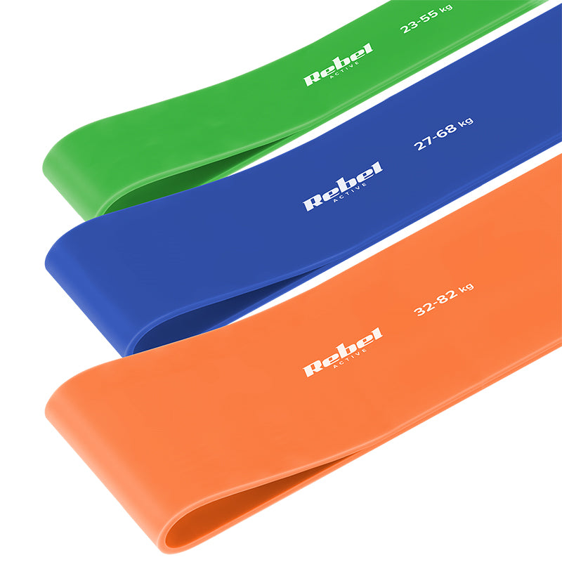 Set 7 benzi elastice Power Band din TPE cu rezistență 4-82 kg și lungime 208 cm Rebel RBA-3001-S7