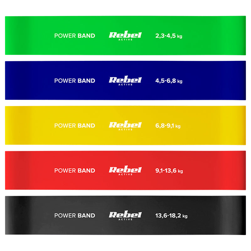Set 5 benzi elastice din latex 60 cm cu rezistență 2-18 kg Rebel RBA-3002-CO