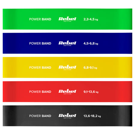 Set 5 benzi elastice din latex 60 cm cu rezistență 2-18 kg Rebel RBA-3002-CO