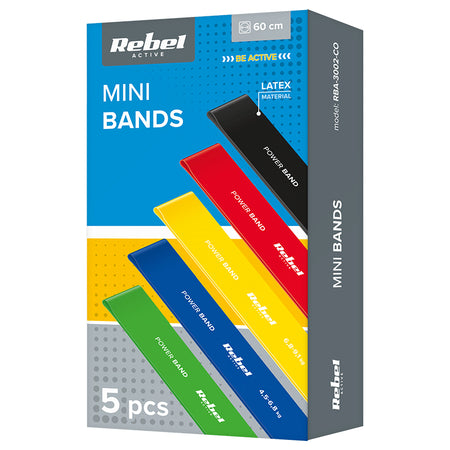 Set 5 benzi elastice din latex 60 cm cu rezistență 2-18 kg Rebel RBA-3002-CO
