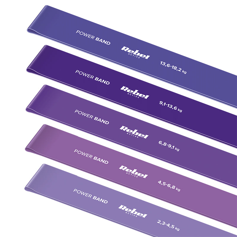 Set 5 benzi elastice din latex tip mini band cu rezistență 2,3-18,2 kg Rebel RBA-3002-PU