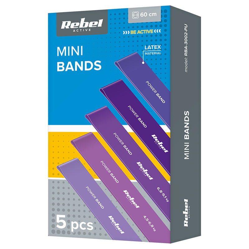 Set 5 benzi elastice din latex tip mini band cu rezistență 2,3-18,2 kg Rebel RBA-3002-PU