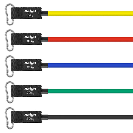 Set 5 benzi de rezistență POWER TUBE 5-30 kg cu mânere și curele de gleznă Rebel RBA-3006