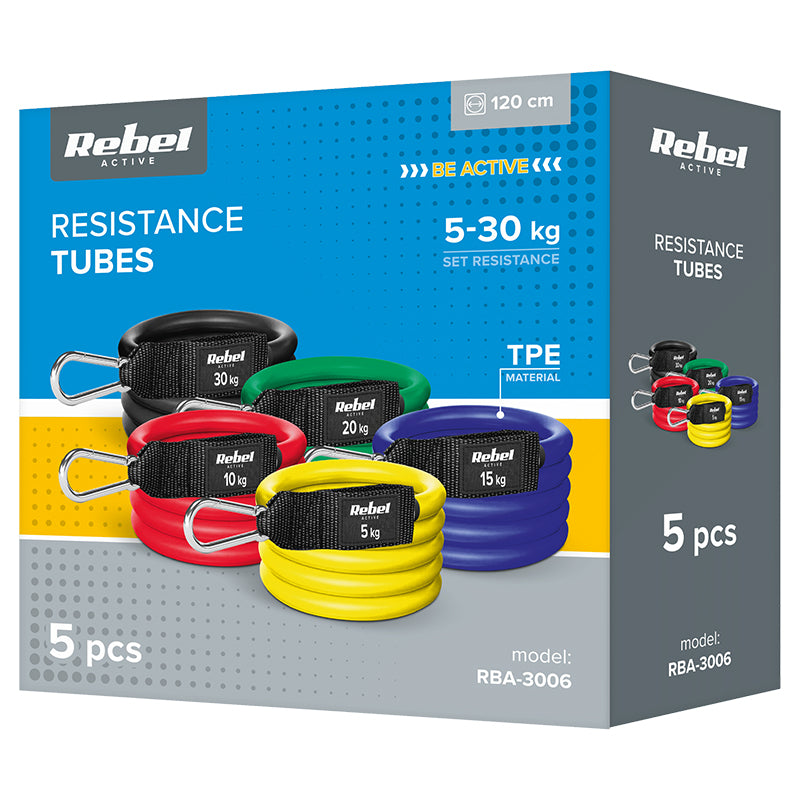 Set 5 benzi de rezistență POWER TUBE 5-30 kg cu mânere și curele de gleznă Rebel RBA-3006