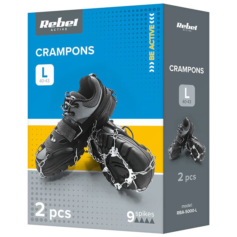 Set de 2 colțari antiderapanți cu lanț pentru bocanci cu 9 colți de 14 mm mărimea L (41-44) Rebel RBA-5000-L