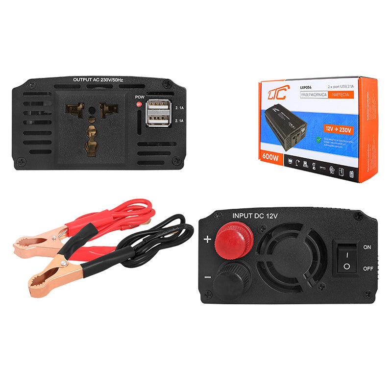 Invertor 12v/230v 50hz 600/1200w 2xusb 5v 2.4a