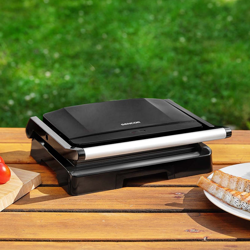 Grătar electric 1000 W cu plăci non-stick, tavă detașabilă Sencor S-SBG2070SS