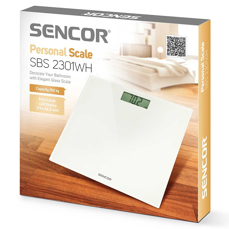 Cântar de persoane din sticlă, ecran LCD mare, subțire, alb Sencor S-SBS2301WH