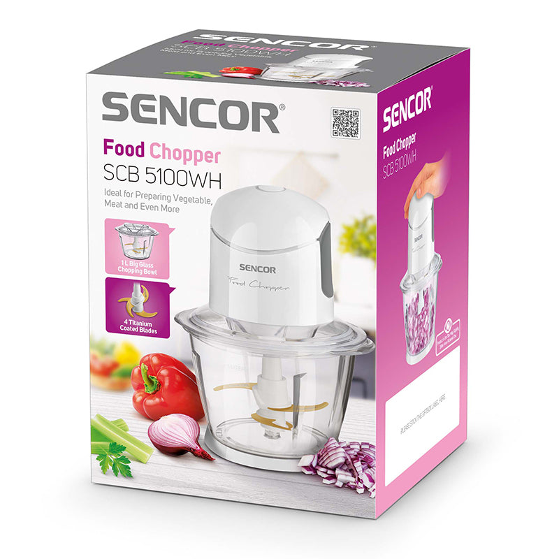 Tocator chopper 800 W cu lame titan, bol sticlă Sencor S-SCB5100WH-E