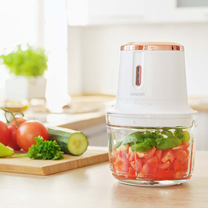 Tocător cordless 500 ml cu bol sticlă, 2 viteze, LED, USB-C Sencor S-SCB9000WH