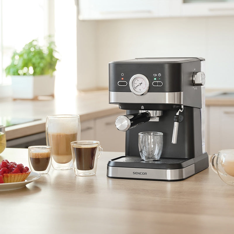 Espressor 20 bar, 1050 W, funcții digitale, abur și apă fierbinte, Sencor S-SES1721BK