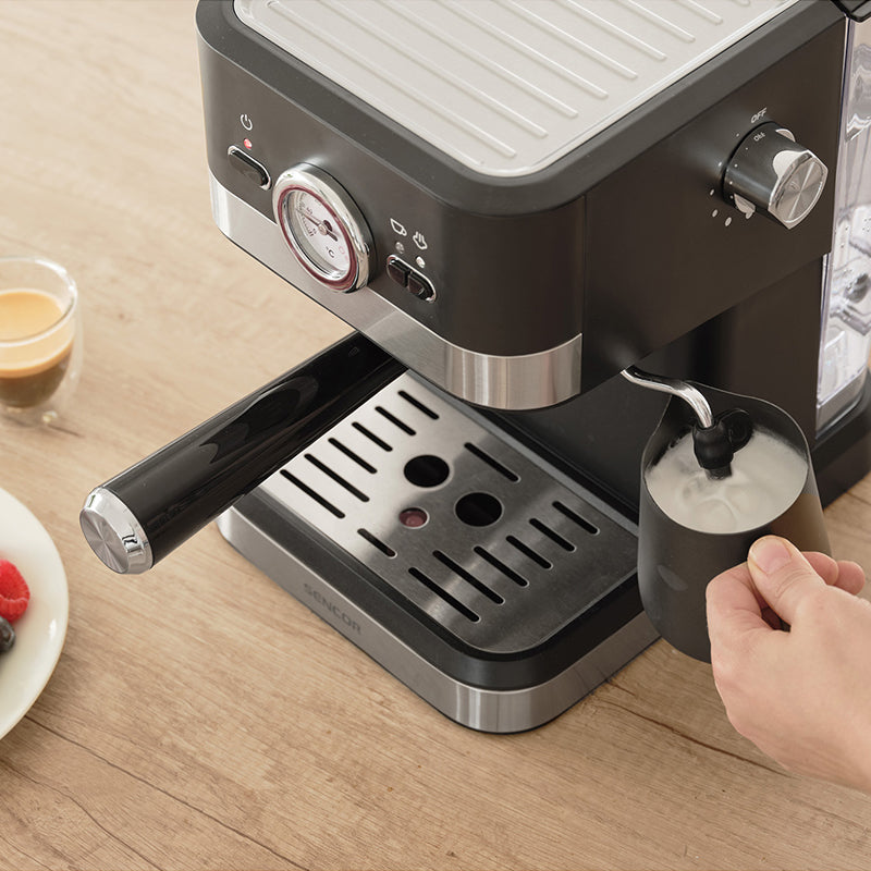 Espressor 20 bar, 1050 W, funcții digitale, abur și apă fierbinte, Sencor S-SES1721BK