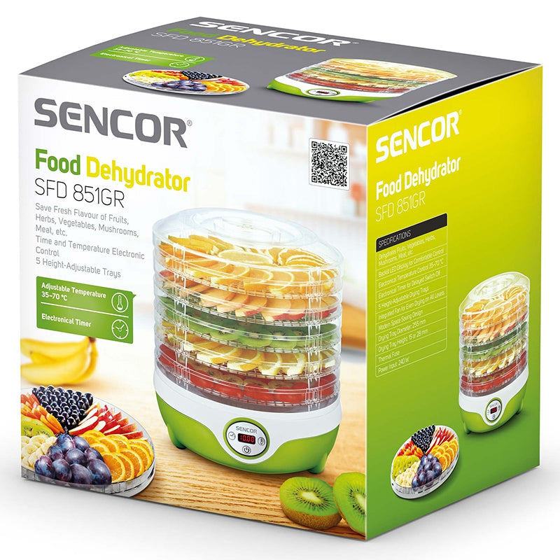 Deshidrator alimente 5 tăvi, 240 W, control electronic, display LED, Sencor S-SFD851GR
