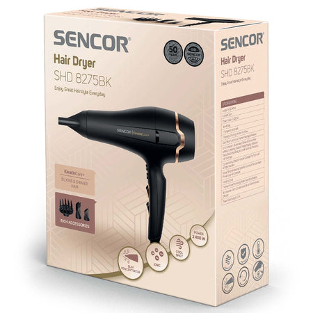 Uscător de păr 2400 W cu 3 accesorii, funcție ionizare, Sencor S-SHD8275BK