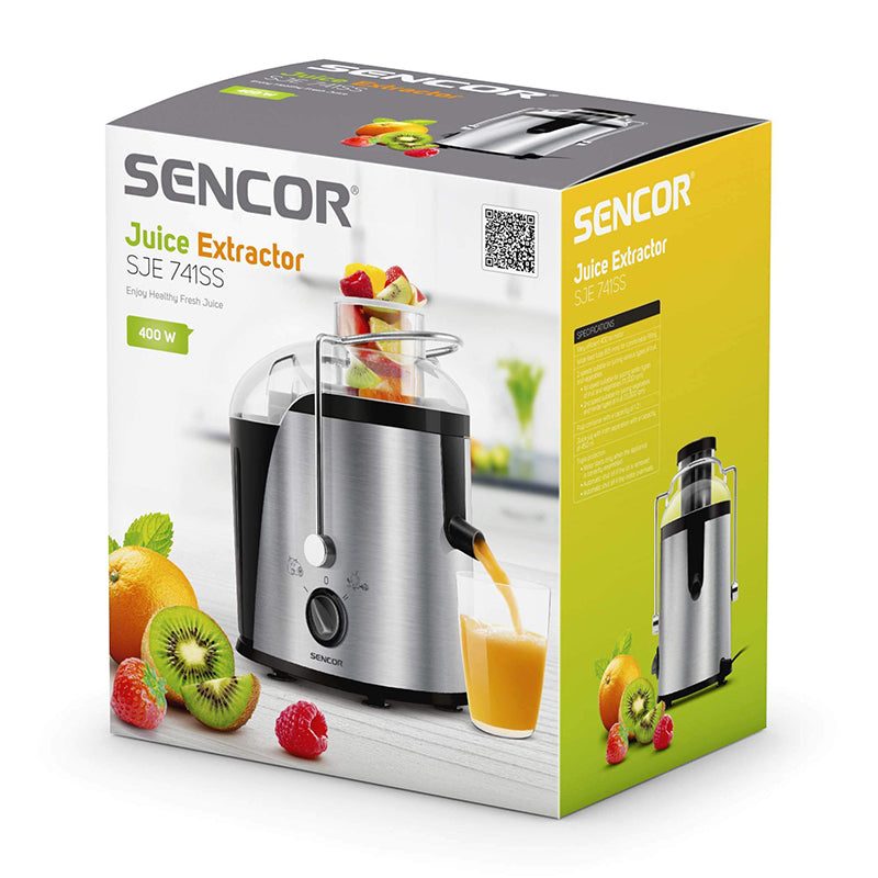 Storcător de fructe 400 W cu microfiltru inox și tub larg Sencor S-SJE741SS