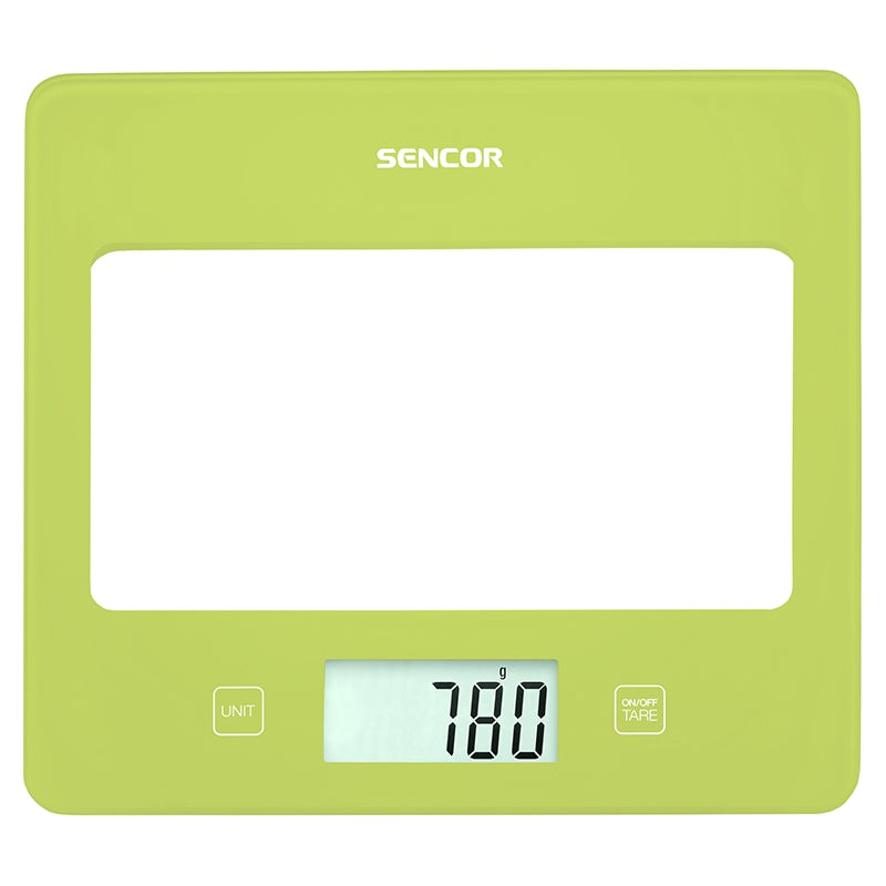 Cântar de bucătărie din sticlă securizată verde cu capacitate de 5 kg Sencor S-SKS5031GR