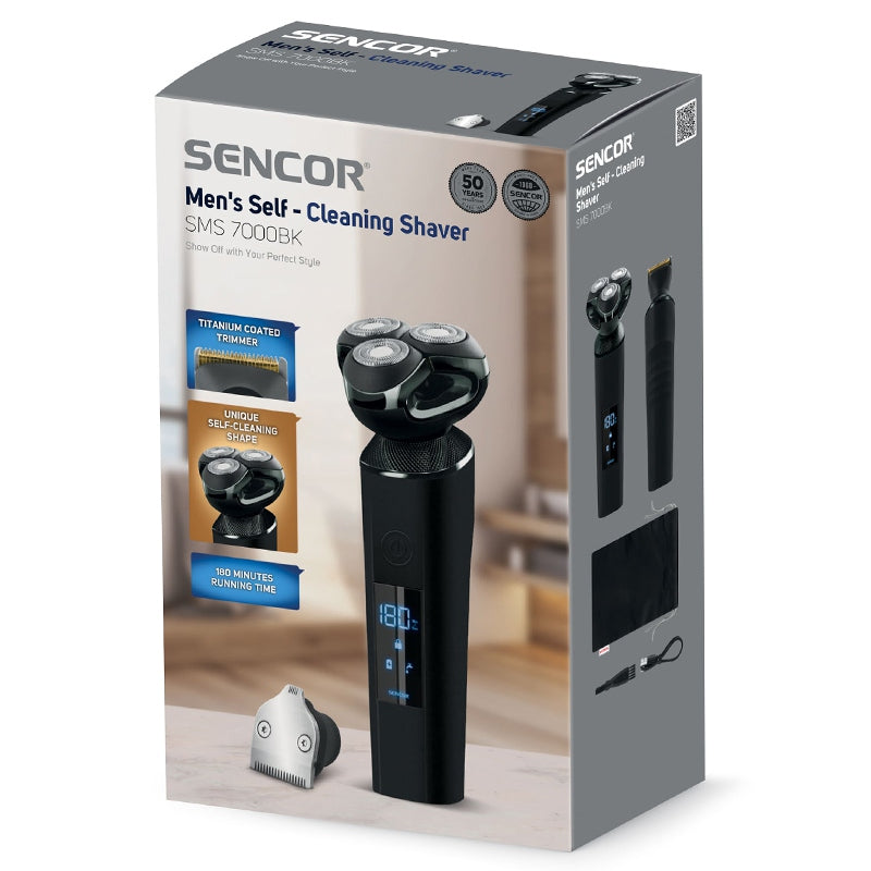 Aparat de ras rotativ negru cu lame din oțel inoxidabil și afișaj LED Sencor S-SMS7000BK