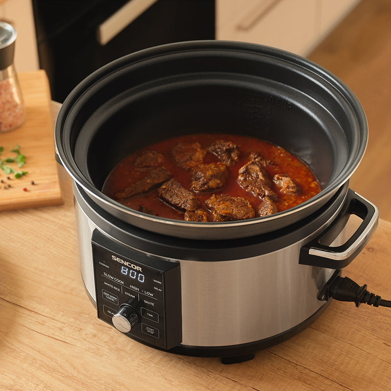 Slow cooker cu afișaj digital 5,5 l, oală aluminiu Sencor S-SPR5520SS