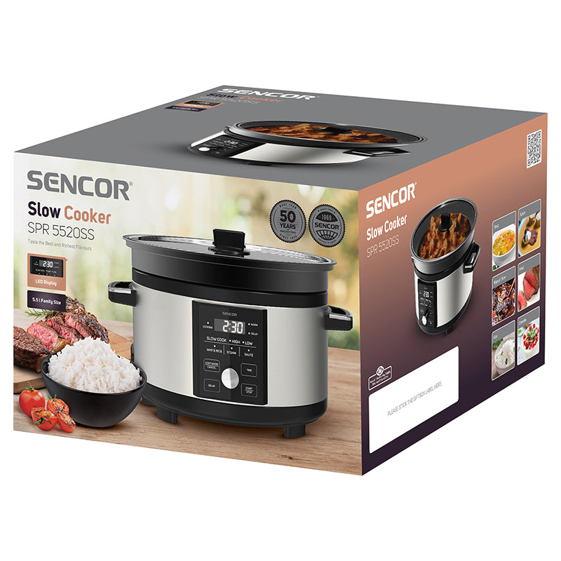 Slow cooker cu afișaj digital 5,5 l, oală aluminiu Sencor S-SPR5520SS