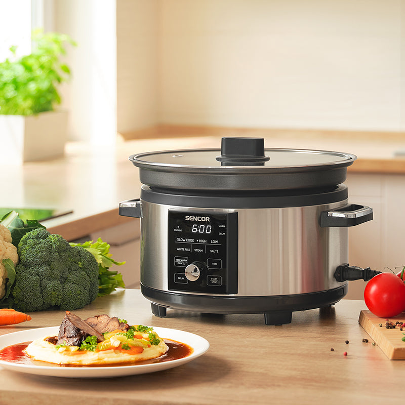Slow cooker cu afișaj digital 5,5 l, oală aluminiu Sencor S-SPR5520SS