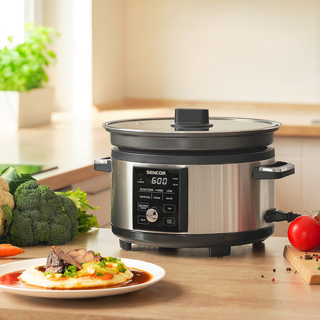 Slow cooker cu afișaj digital 5,5 l, oală aluminiu Sencor S-SPR5520SS