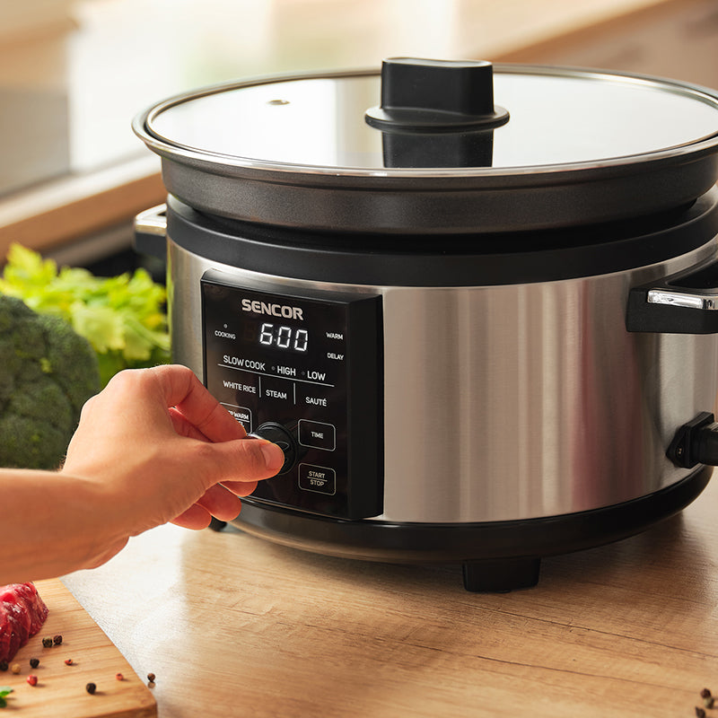 Slow cooker cu afișaj digital 5,5 l, oală aluminiu Sencor S-SPR5520SS