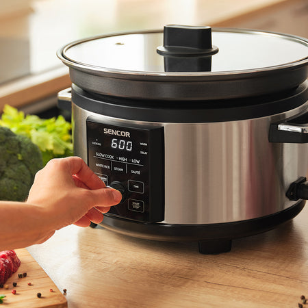 Slow cooker cu afișaj digital 5,5 l, oală aluminiu Sencor S-SPR5520SS