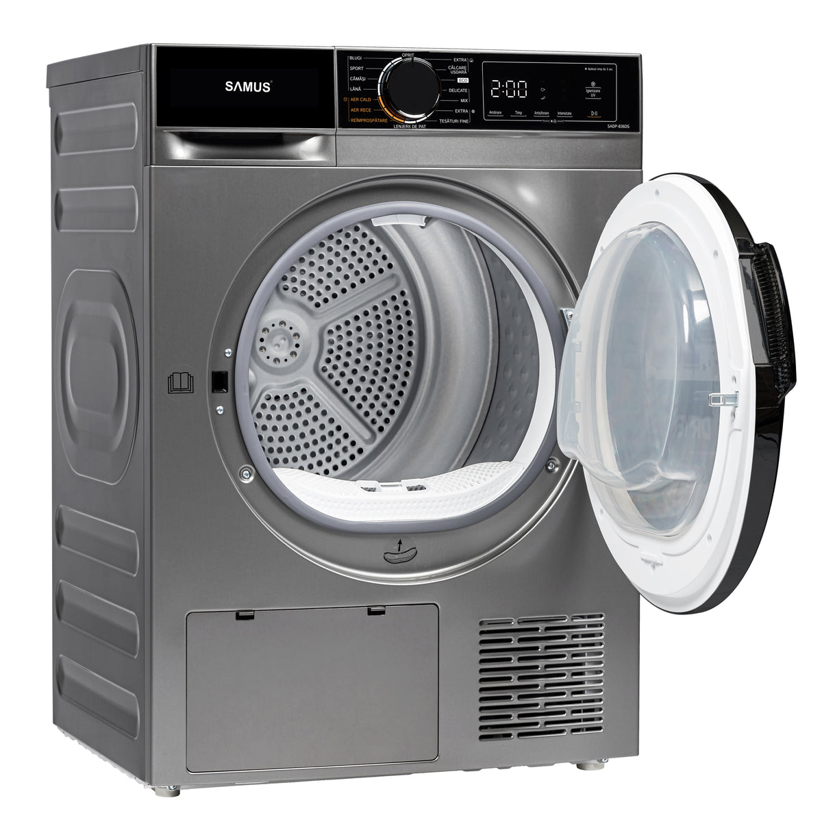 Uscator Rufe Automat, Samus Sadp-836ds, Pompa De Caldura, 8 Kg, Cls D latime 60 cm, functie Antisifonare, igienizare UV, blocare acces copii, optiune pornire intarziata, gri + negru