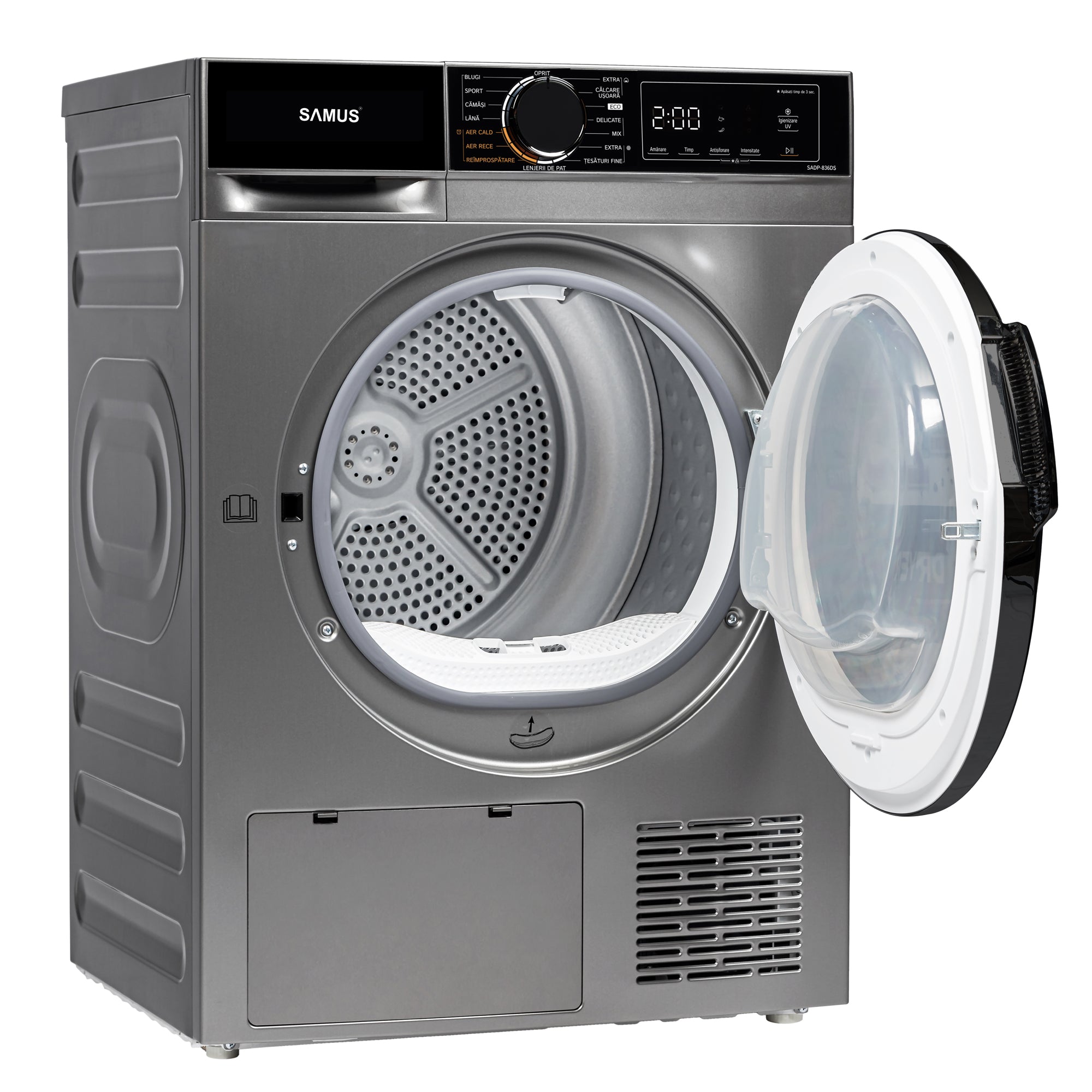 Uscator Rufe Automat, Samus Sadp-836ds, Pompa De Caldura, 8 Kg, Cls D latime 60 cm, functie Antisifonare, igienizare UV, blocare acces copii, optiune pornire intarziata, gri + negru