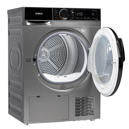 Uscator Rufe Automat, Samus Sadp-836ds, Pompa De Caldura, 8 Kg, Cls D latime 60 cm, functie Antisifonare, igienizare UV, blocare acces copii, optiune pornire intarziata, gri + negru