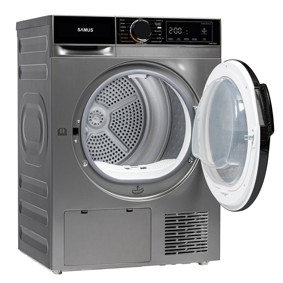 Uscator Rufe Automat, Samus Sadp-836ds, Pompa De Caldura, 8 Kg, Cls D latime 60 cm, functie Antisifonare, igienizare UV, blocare acces copii, optiune pornire intarziata, gri + negru
