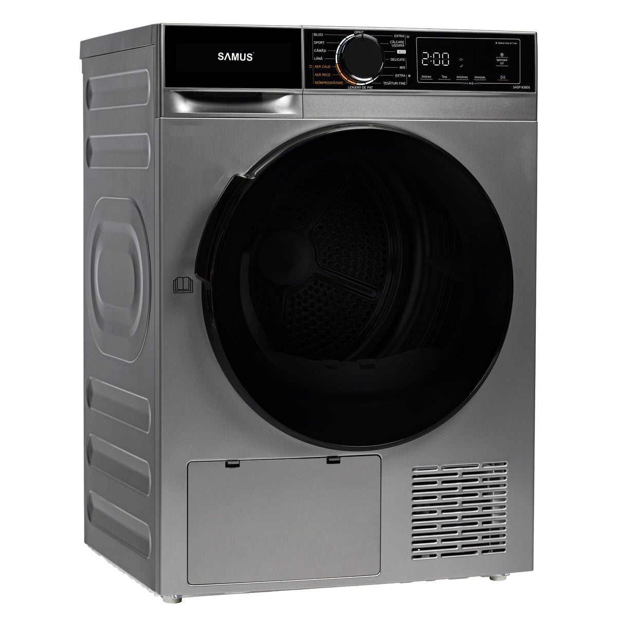 Uscator Rufe Automat, Samus Sadp-836ds, Pompa De Caldura, 8 Kg, Cls D latime 60 cm, functie Antisifonare, igienizare UV, blocare acces copii, optiune pornire intarziata, gri + negru
