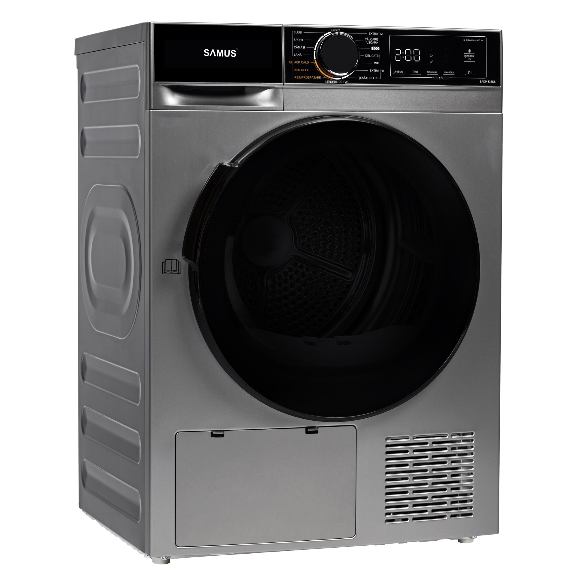 Uscator Rufe Automat, Samus Sadp-836ds, Pompa De Caldura, 8 Kg, Cls D latime 60 cm, functie Antisifonare, igienizare UV, blocare acces copii, optiune pornire intarziata, gri + negru
