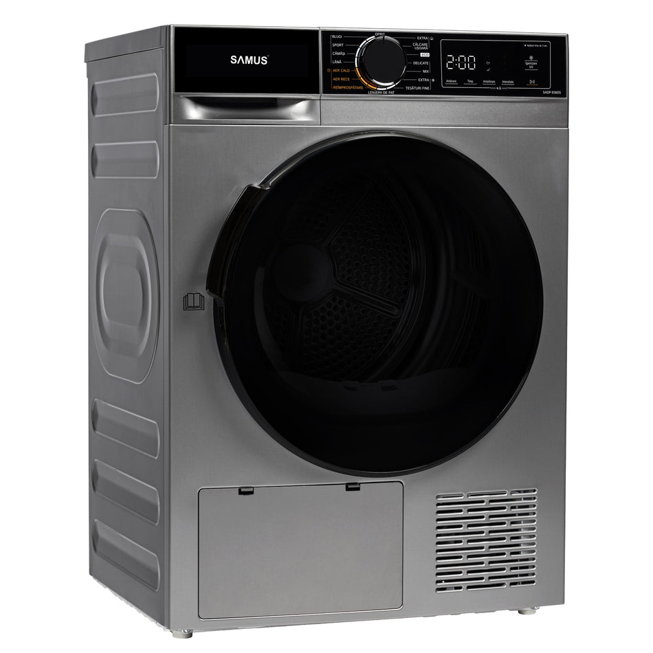 Uscator Rufe Automat, Samus Sadp-836ds, Pompa De Caldura, 8 Kg, Cls D latime 60 cm, functie Antisifonare, igienizare UV, blocare acces copii, optiune pornire intarziata, gri + negru
