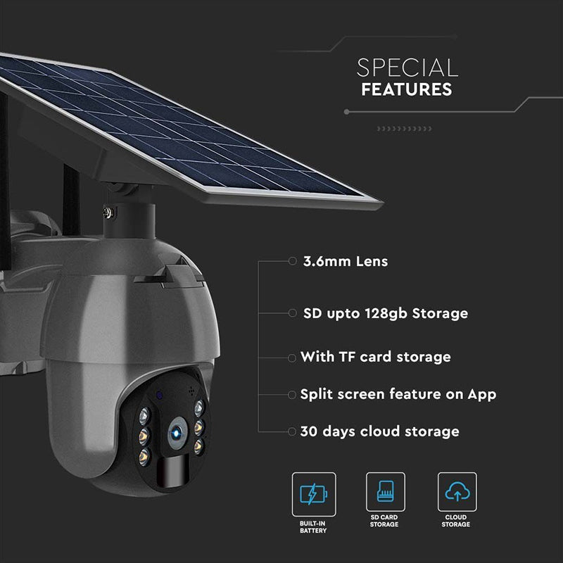 Cameră HD solară smart WiFi PTZ de exterior cu 2MP și detecție PIR V-Tac